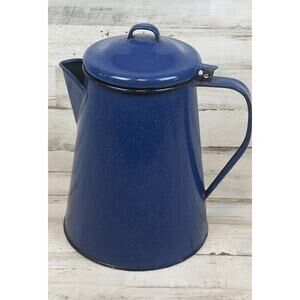 Vintage Blue Speckled Enamelware 8 Cup Coffee Pot Hinged Lid 10.5" Campfire